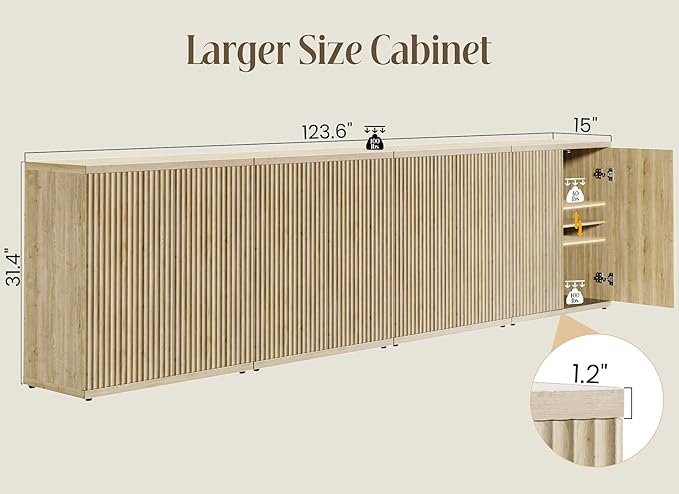 Fluted Buffet Cabinet Sideboard with Storage,Wooden Credenza with 2 Doors&Adjustable Shelve, Modern Accent Cabinets Coffee Bar Bookcase for Living Room,Kitchen Dining Room Entryway 15"D Natural Oak