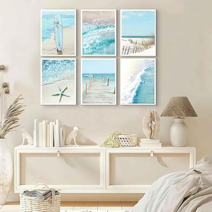 6Pcs Blue Seascape Beach Wall Art Summer Tropical Ocean Coastal Canvas Wall Decor Starfish Bridge Boat Surfboard Painting Prints Surfers Pictures Trendy College Preppy Dorm Posters Unframed