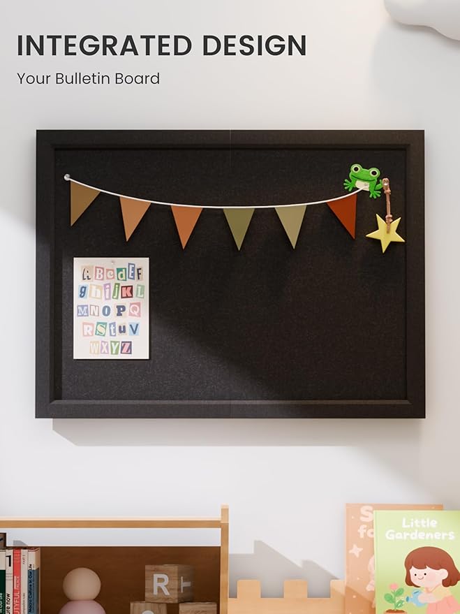 Foldable Cork Board Alternative, Felt Bulletin Board 24" x 18" Black Frame with 16 Adhesive Tabs, Pin Board for Home Office, Classroom, Entryway, Kitchen Wall Decor—Black