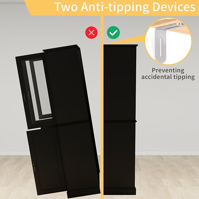 70.9" Tall Bookcase Display Storage Cabinet Hutch with Glass Doors & Drawers - Curio Display Bookshelf Kitchen Pantry for Home, Kitchen, Living Room.