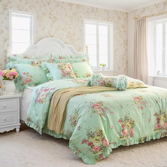 FADFAY Green Floral Duvet Cover Sets Vintage Flower Printed Bedding Ultra Soft 100% Cotton Twin Extra Long Designer Bedding Set 3 Pieces, 1duvet Cover & 2pillowcases (Twin XL Size, Ruffle Style)