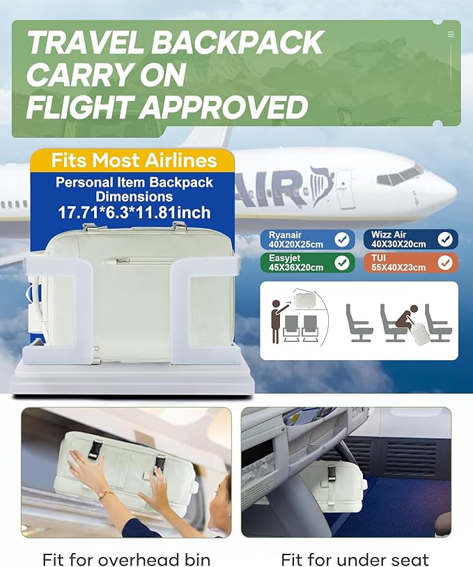 suwasp Vacuum Travel Backpack with Electric Vacpack Pump for Women, 40L Expandable Vacuum Compression Bags Personal Item Backpack Flight Approved Vacuum Seal Backpack for Traveling, White