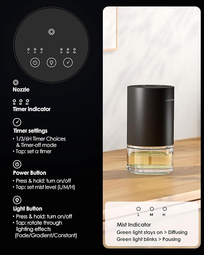 Airversa Essential Oil Diffuser Waterless Aromatherapy Diffusers for Home Large Room, Bedroom, Car, Office, Desk, Battery Operated, Small Diffuser for Pure Scent, 100mL Capacity, AN9 Black Starter Kit