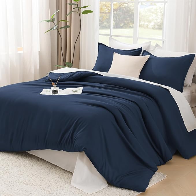 Litanika Comforter Set, Lightweight Solid Bedding Comforter Set, Fluffy Down Alternative Bed Set, Navy Blue, Super King