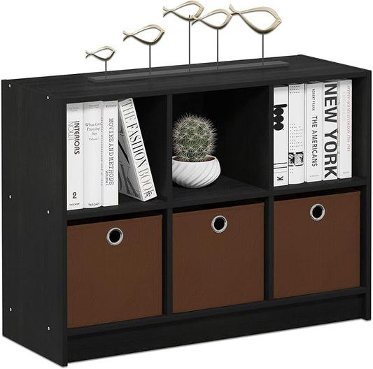 Furinno BASIC Book Shelf, 6-Cube Bookshelf, 3 x 2 Bookcase with Storage Bins, 11.9 x 31.6 x 23.6, for Living Room, Bedroom, Home Office, Americano