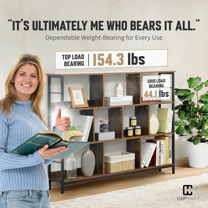 CAPHAUS 10 Cube Storage Organizer, 55” Wide 3 Tier Rustic Oak Industrial Open Shelf Bookcase, Display Shelf, Horizontal Bookshelf with Metal Frame, Wooden Board, for Living Room, Bedroom, Office