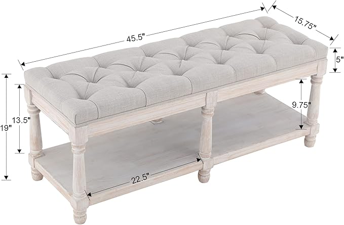 chairus Shoe Rack Bench Storage Vintage Bedroom Padded Bench Seat End of Bed, Fabric Tufted Farmhouse French Entryway Bench with Wood Legs for Hallway Foyer, Beige