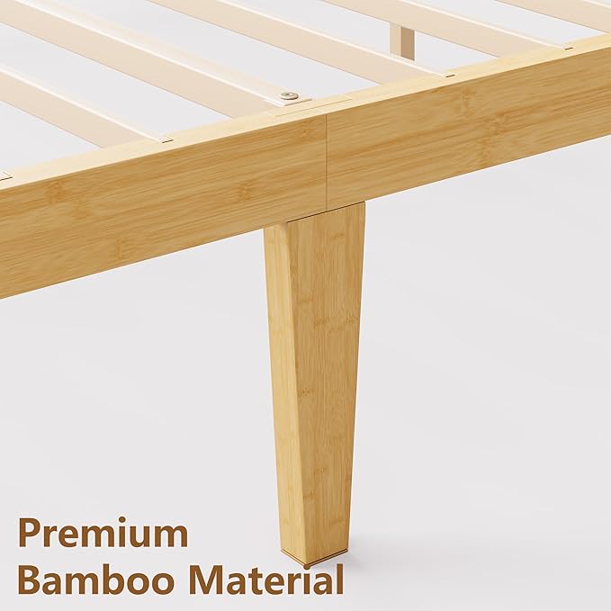 14 in High Solid Bamboo Wood King Size Bed Frame with Headboard, Platform Bed Frame King, Heavy Duty, No Box Spring Needed, Nosie Free