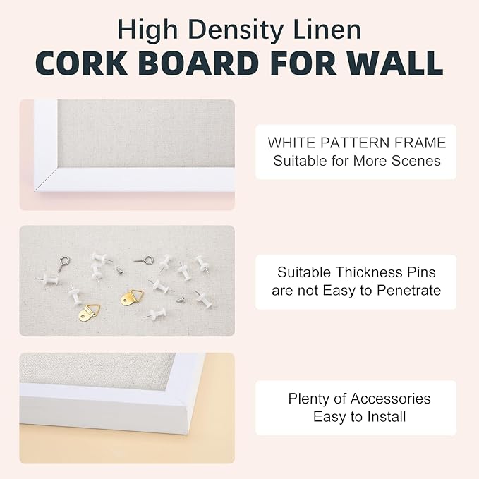 OWLKELA 12"x16" inch Bulletin Board with Linen, White Wood Style Frame, with 10 Pushpins, Linen Cork Board, Ideal for School, Home & Office