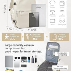 suwasp Vacuum Compression Backpack, 45L Expandable Travel Backpack with Electric Vacpack Pump, Travel Vacuum Bags with Shoe Compartment/17inch Laptop Compartment/USB Port, Beige