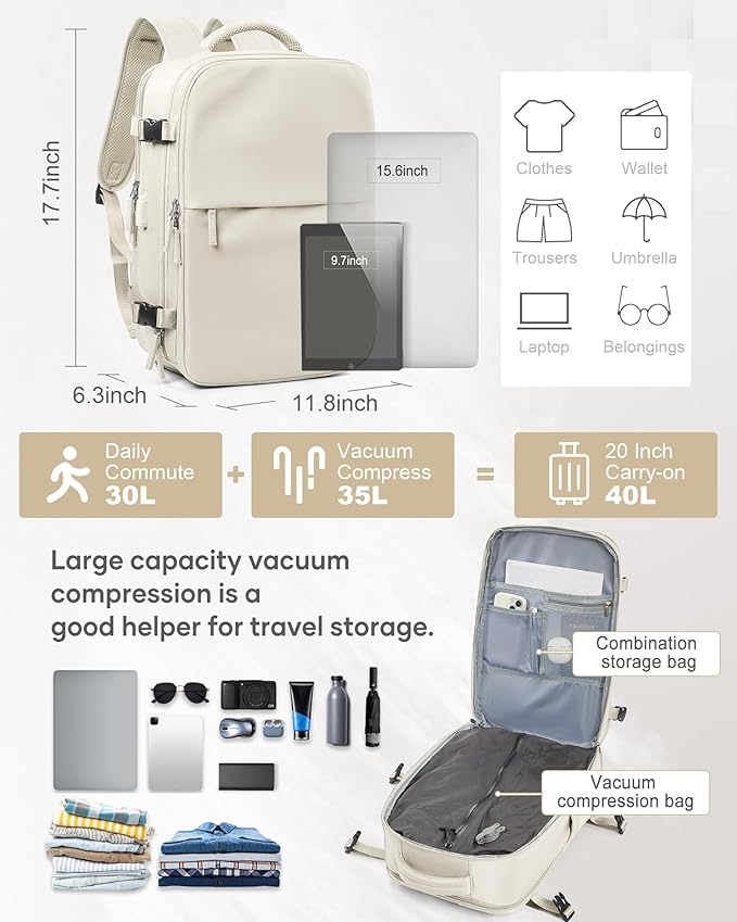 suwasp Vacuum Compression Backpack, 45L Expandable Travel Backpack with Electric Vacpack Pump, Travel Vacuum Bags with Shoe Compartment/17inch Laptop Compartment/USB Port, Beige