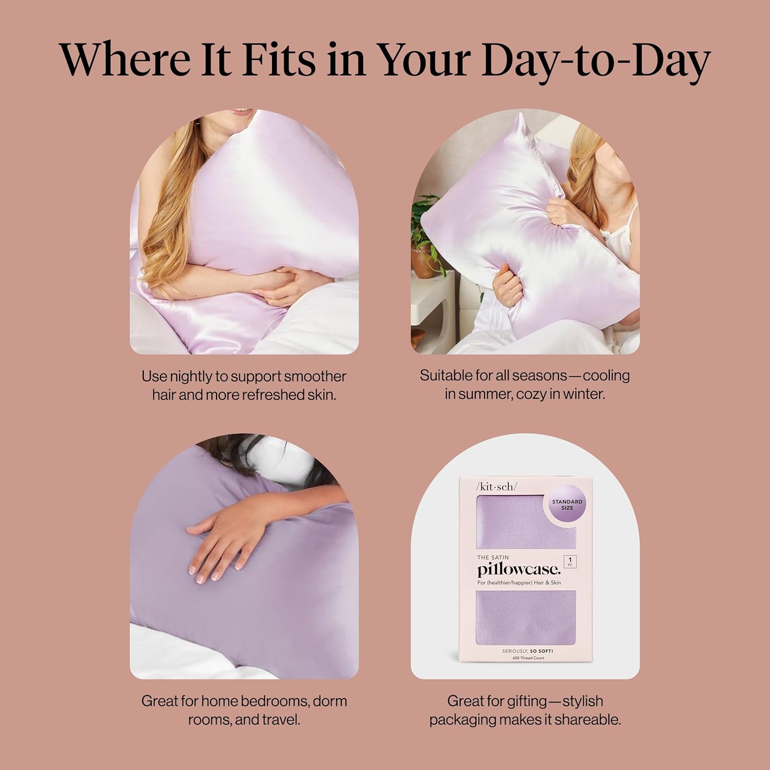 Kitsch Satin Pillowcase with Zipper for Hair & Skin - Softer Than Silk Pillow Cases, Smooth Cooling Satin Pillow Case, Wrinkle-Free, Machine Washable, Pillow Cases Standard Size 19x26 - Lavender Dormly