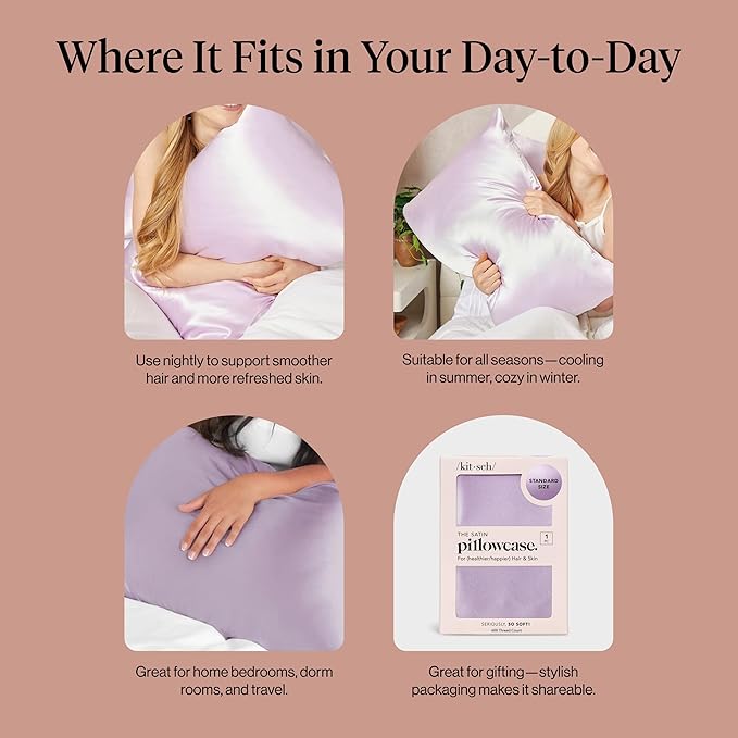 Kitsch Satin Pillowcase with Zipper for Hair & Skin, Softer Than Silk Pillow Cases Queen, Wrinkle-Free, Smooth and Cooling Satin Pillow Covers, Standard Size 19"x26" - Lavender