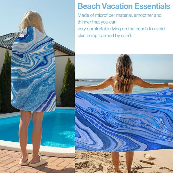 2 Pack Ocean Waves Sea Microfiber Lightweight Beach Towel Quick Dry Soft Towels for Swimming Pool Camping Beach Accessories Cruise Vacation Necessities for Bathroom Pool Camping Travel 32x71 inch
