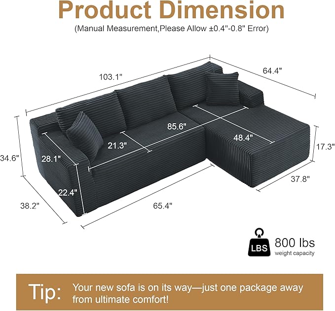 105''Sectional Cloud Couch with L Shaped Chaise,Modern Modular Sectional Sofa,Comfy Sectional Couches for Living Room,Bedroom,Apartment(Dark Grey, 105''W Right Facing Chaise)