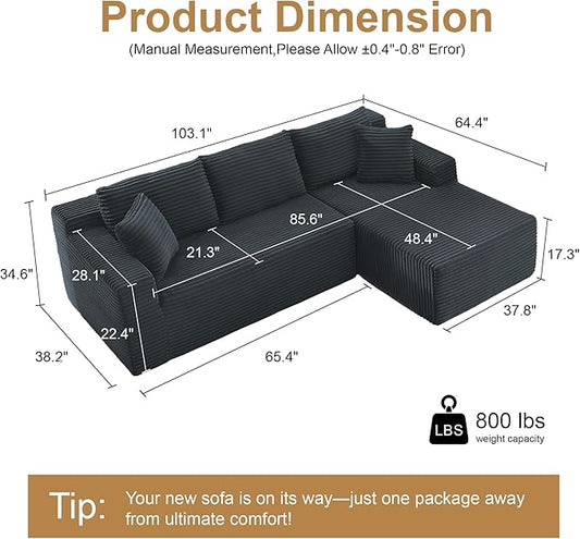 105''Sectional Cloud Couch with L Shaped Chaise,Modern Modular Sectional Sofa,Comfy Sectional Couches for Living Room,Bedroom,Apartment(Dark Grey, 105''W Right Facing Chaise)
