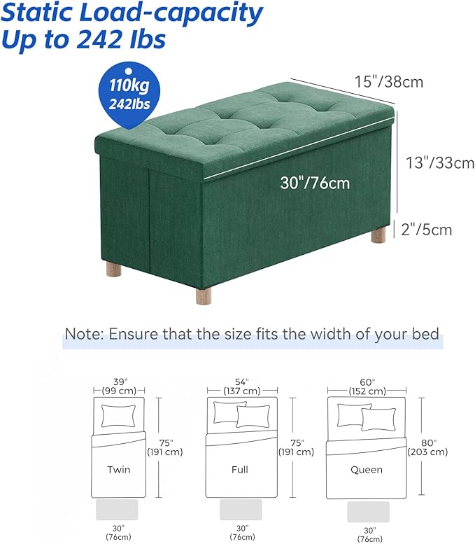 BRIAN & DANY 30 Inches Folding Storage Ottoman Bench, Ottoman with Storage Bench for Bedroom, Living Room, Entryway, Foot Rest with Legs, Dark Green