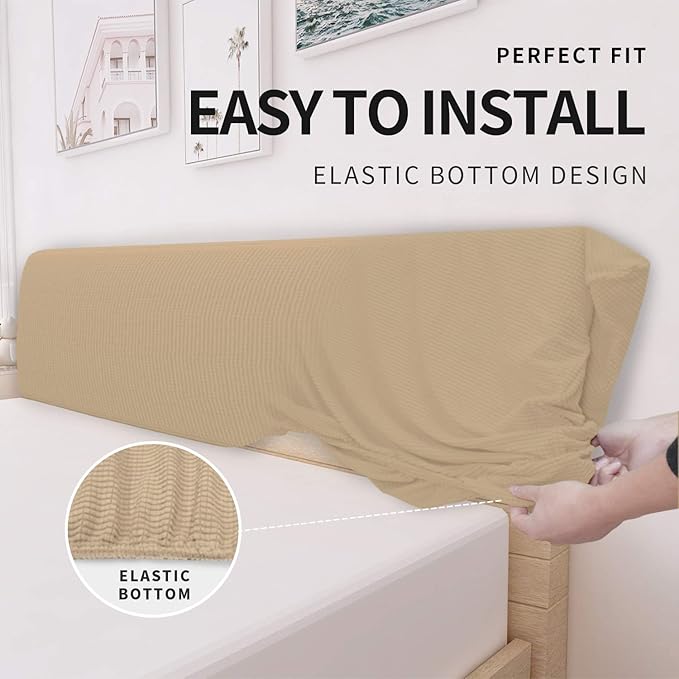 Easy-Going Stretch Bed Headboard Cover,Small Square Jacquard Headboard Slipcover, Dustproof Bed Head Cover for Bedroom (Queen,Sand)