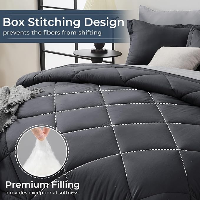 HEVUMYI 120x98 Oversized King Comforter Set - 7-Piece All Season Bed in a Bag Oversized King, Ultra Soft Bedding Set with 120 x 98 Comforter, Flat Sheet, Fitted Sheet, Pillowcases, Dark & Light Grey