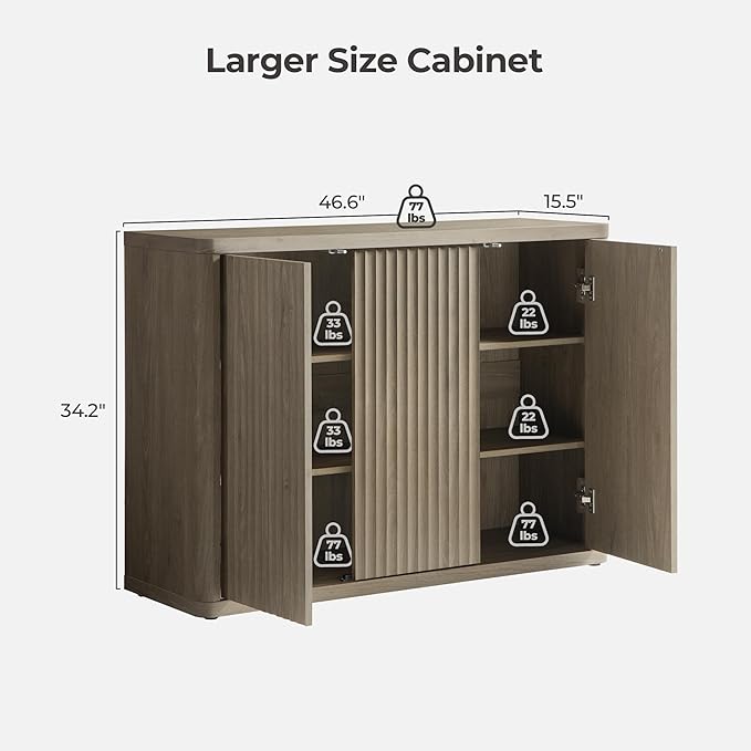 SICOTAS Buffet Cabinet with Storage Accent Sideboard with 3 Doors Modern 46.6" Wide Credenza Fluted Buffet Table Media Console Cabinet Entryway Cabinets for Living Room Kitchen Dining Room Hallway