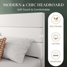 SHA CERLIN Twin Platform Bed Frame with Velvet Upholstered Headboard, Mattress Foundation with Strong Wooden Slats Support, No Box Spring Needed, White