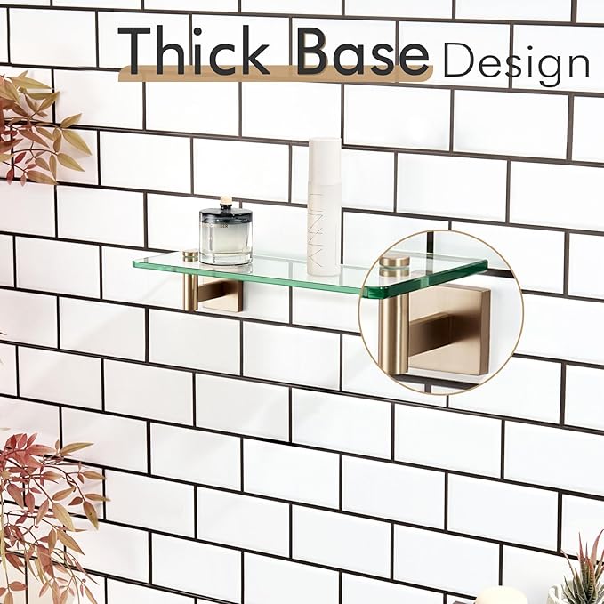 KOKOSIRI Wall Shelves Bathroom Hardware Glass Floating Shelf 12-Inch for Bedroom, Living Room, Kitchen, Hanging Rack Champagne Bronze B1105CPG-L12