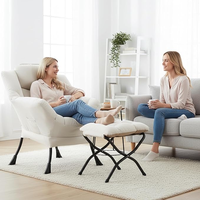 Cozy Lazy Chair and Ottoman, Large Contemporary Accent Lounge Chair Set, Leisure Upholstered Reading Armchair for Bedroom, Living Room, Dorm Rooms, Office, Peach Beige