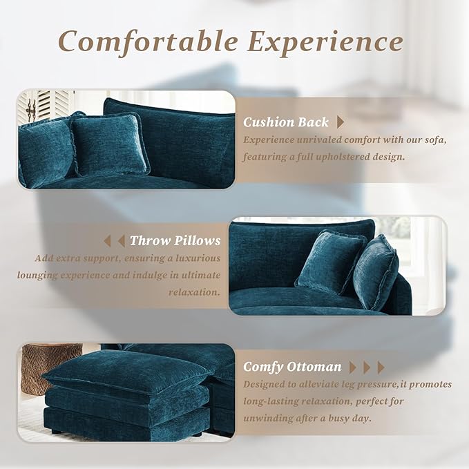 SoarFlash Chenille Sectional Sofa, Comfy Modular Loveseat Sofa, Modern 3-Seat Couch Deep Seat Sofa Set for Living Room,Deep Blue