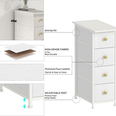 GiftGo Narrow Dresser Cabinet Vertical Slim Dresser Chest of Drawers Skinny Storage Tower for Small Spaces Gaps Closet Bedroom Bathroom Small Fabric Drawer Unit (White, 4 Drawers)