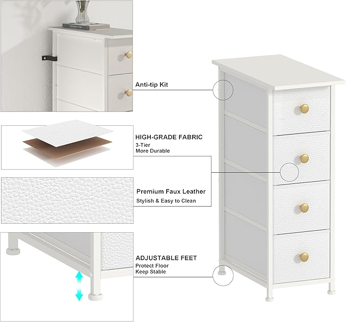GiftGo Narrow Dresser Cabinet Vertical Slim Dresser Chest of Drawers Skinny Storage Tower for Small Spaces Gaps Closet Bedroom Bathroom Small Fabric Drawer Unit (White, 4 Drawers)