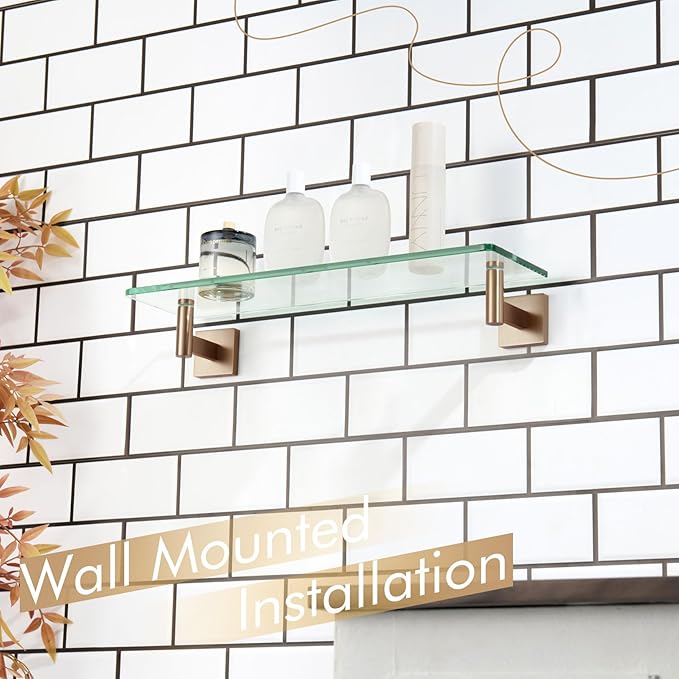 KOKOSIRI Wall Shelves Bathroom Hardware Glass Floating Shelf 20-Inch for Bedroom, Living Room, Kitchen, Hanging Rack Champagne Bronze B1105CPG-L20