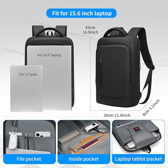 Slim Business Laptop Backpack for Men 15.6 Inch Computer Lightweight Anti-Impact Protection Travel Backpacks Water Resistant Laptop Bag for Work Office College-Black