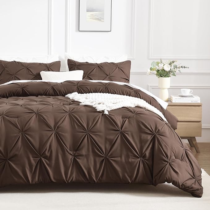 Andency Brown Queen Comforter Set, 3 Piece All Season Decorative Pintuck Bedding Comforter & Sets, Brown Soft Microfiber Lightweight Washable Bed Set for Queen Size Bed