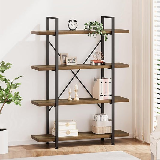 HSH Industrial 4 Tier Bookshelf, Modern Metal and Wood 4 Shelf Bookcase Etagere, Farmhouse Open Wide Display Storage Bookshelves and Bookcases Heavy Duty for Bedroom Living Room Office, Rustic Oak