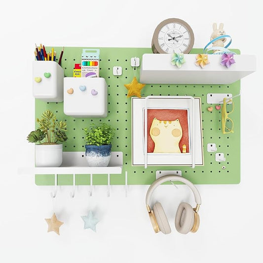 Metal Pegboard Kit — Carbon Steel Pegboards with 26 Accessories, Pegboard Wall Organizer for Home, Office, Study Room, Kitchen, Craft Room & Gaming Setup— 24″ × 16″ Green Peg Board