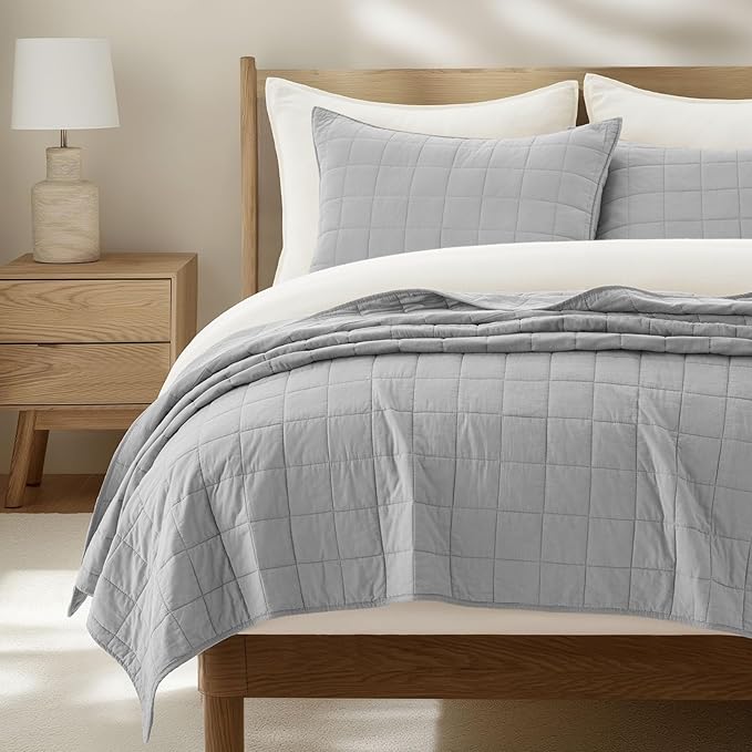 EVERGRACEHOME 100% Cotton Box Stitch Quilt Bedding Set King Size 3 Pieces, Garment-Washed Lightweight Soft Cozy Coverlet, Oversized Quilted Bedspread Sets with 2 Shams for All Season, Fog Gray