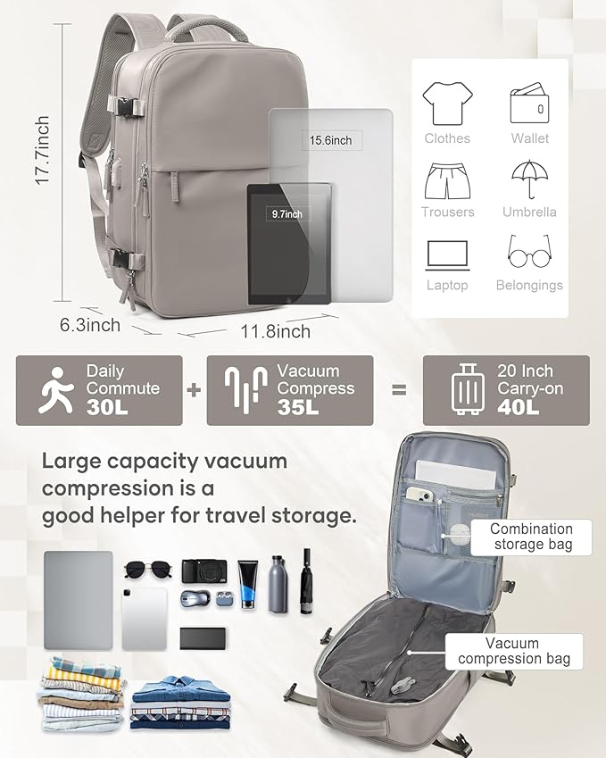 suwasp Vacuum Compression Backpack, 40L Expandable Travel Backpack with Electric Vacpack Pump, Travel Vacuum Bags with Shoe Compartment/15.6inch Laptop Compartment/USB Port, Brown