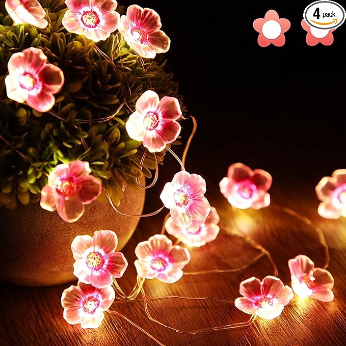 Mudder 13 FT 40 LEDs Cherry Blossom Flower String Lights for Bedroom, Pink Fairy Lights USB and Battery Operated Decorative String Light Indoor Outdoor (4 Pack)