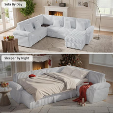 Modular Sectional Sleeper Sofa with Pull Out Bed, U Shaped 7 Seat Sectional Couches for Living Room, 110 Inch Sofa Bed with Armrest Pillows | Hidden Storage | USB Charging | Cup Holder, White