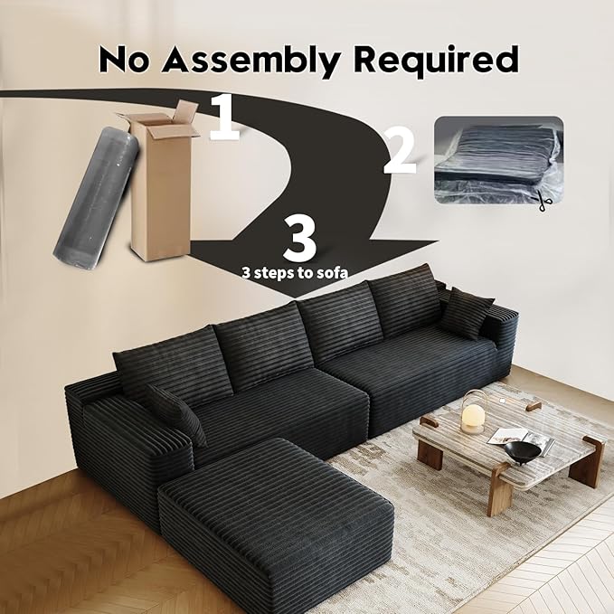 139.4" Modular Sectional Sofa, L-Shaped Minimalist Couches with Ottoman Chaise, Modern Deep Seat Convertible Sleeper Sofa,Cloud Plush Corduroy Fabric, No Assembly Required, 5 Seater, Black