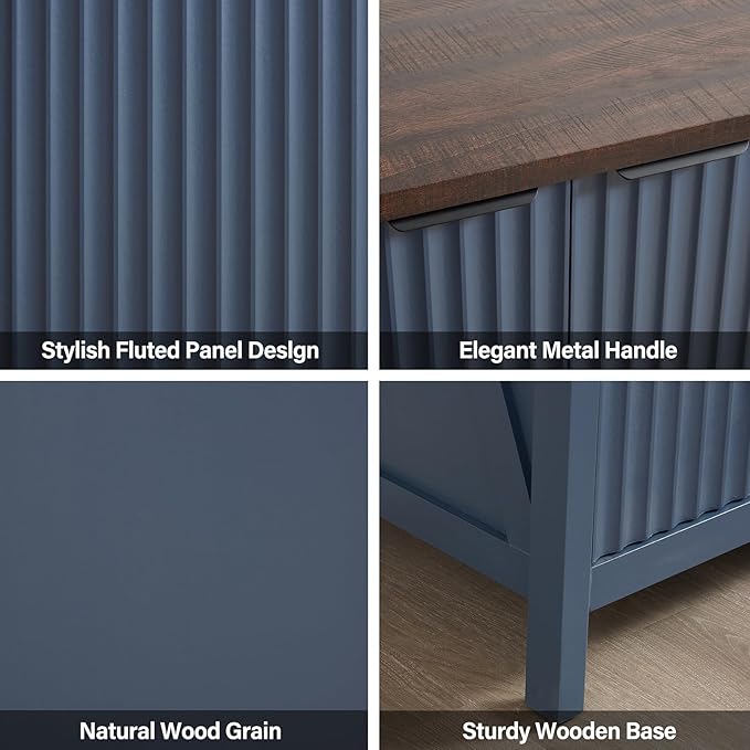32 Fluted Sideboard Storage Cabinet Buffet - 7-Level Adjustable Shelves, Modern Farmhouse Rustic Kitchen Console Accent Cabinets, Coffee Bar Table for Dining Room (Navy Blue)