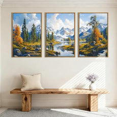 BINCUE Framed Mountain Landscape Wall Art Nature Forest Wall Decor Tree and River Art Print for Living Room Bedroom Office 16x24 Inches Set of 3