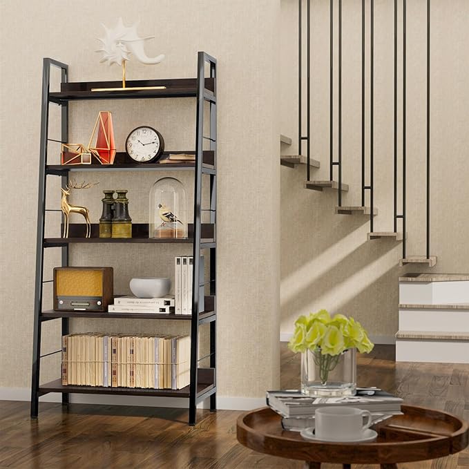 Himimi Industrial Ladder Shelf, Rustic 5 Tier Leaning Bookshelf, Wood Metal Ladder Bookcase, Plant Flower Stand Rack Book Storage Shelves for Living Room, Bedroom, Home Office