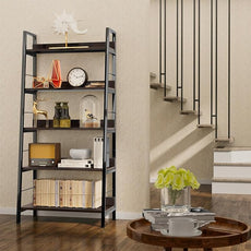 Himimi Industrial Ladder Shelf, Rustic 5 Tier Leaning Bookshelf, Wood Metal Ladder Bookcase, Plant Flower Stand Rack Book Storage Shelves for Living Room, Bedroom, Home Office