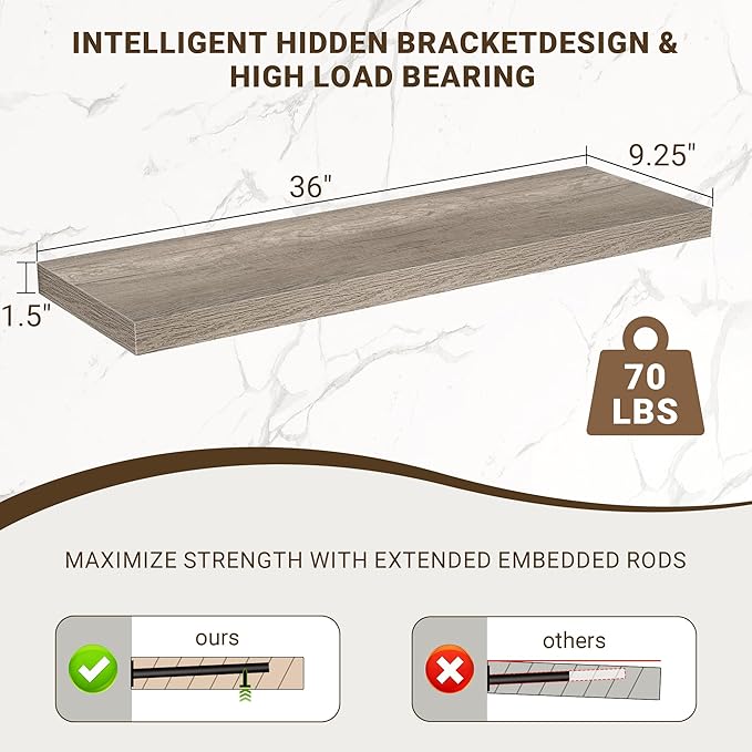 36 Inch Floating Shelves, 3D Textured Wood Grain, 36"x9.25"x1.5" Inch Deep Floating Shelves for Wall, Wooden Shelves for Bathroom, Bedroom, Living Room, Vintage Gray Oak, 2 Pieces
