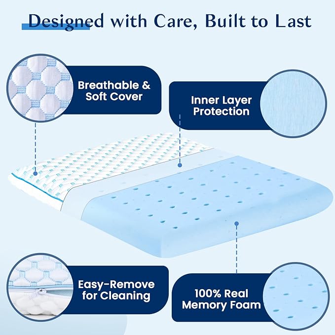 Flat Pillow for Stomach and Back Sleepers, Ultra Thin Pillow for Sleeping, Cooling Gel Slim Stomach Sleeping Pillows for Shoulder Neck Pain Relief, Low Profile Memory Foam Pillows 2.75-inches