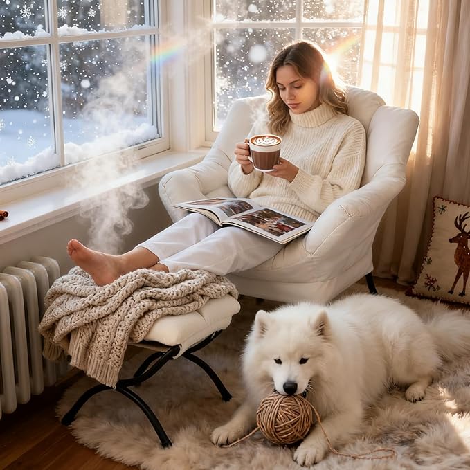 Tiita Lazy Chair with Ottoman, Modern Large Accent Lounge Armchair, Comfy Leisure Sofa Reading Chair with Footrest for Bedroom, Living Room, Dorm Rooms, Garden and Courtyard, Beige