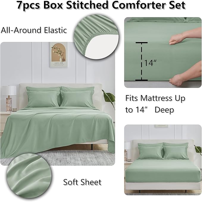 CozyLux Queen Comforter Set Sage Green - 7 Pieces Bed in a Bag Queen, All Season Breathable Bedding Sets, Oeko-Tex Certified Bed Set with Down Alternative Comforter, Sheets, Pillowcases & Pillow shams