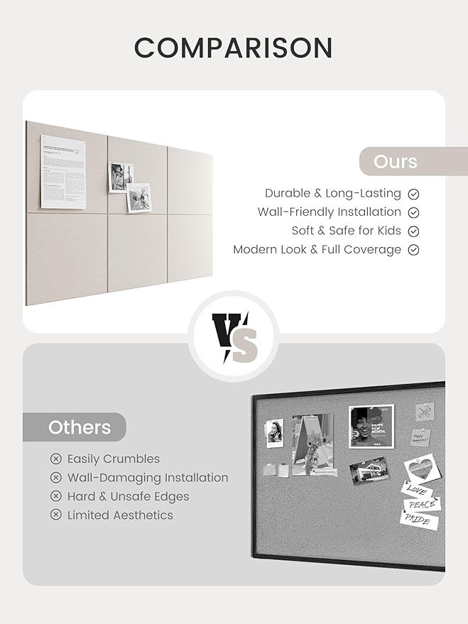 Bumusty Large Cork Board 36"x24" Alternative - 6 Pack Felt Wall Tiles with 40 Safe Removable Adhesive Tabs, 30 Pushpins, Cork Boards for Walls Pin Board Bulletin Board Office Decor (Oatmeal)