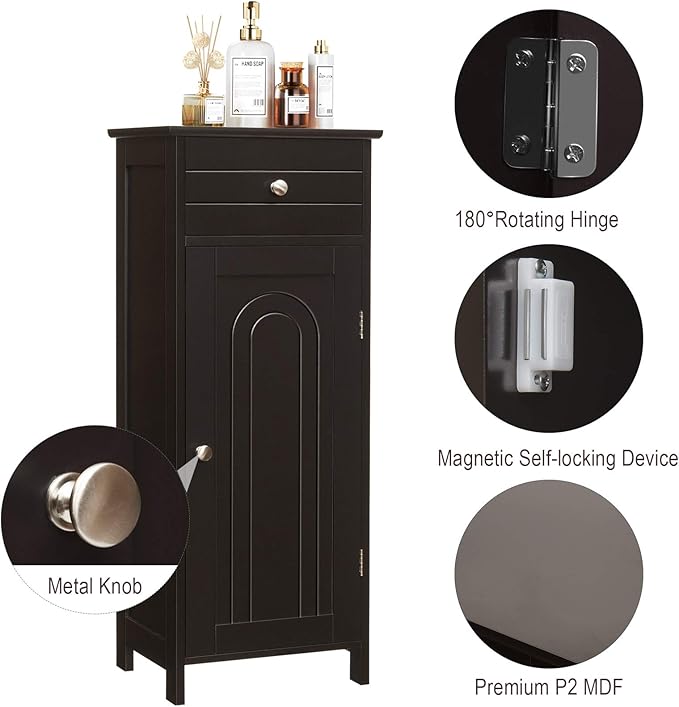 Tangkula Bathroom Floor Cabinet, Wooden Side Storage Cabinet, Freestanding Single Door Bathroom Cabinet with Large Drawer & 2 Adjustable Shelves for Living Room Kitchen (Brown)